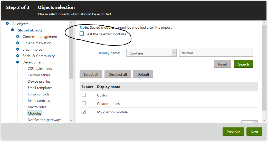 Uncheck seal the selected modules