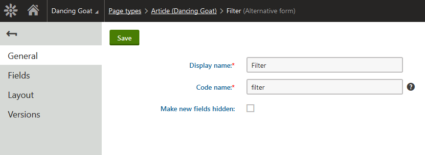 Alternative form with code name filter