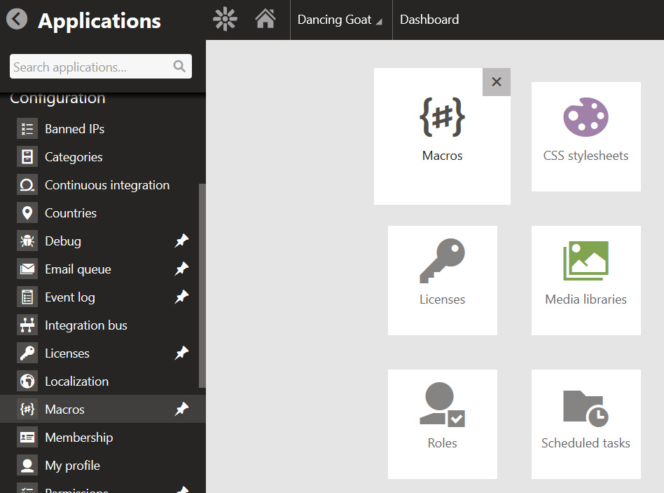 Pin the Macros module to the dashboard