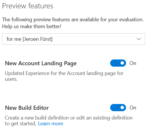 Preview features in VSTS
