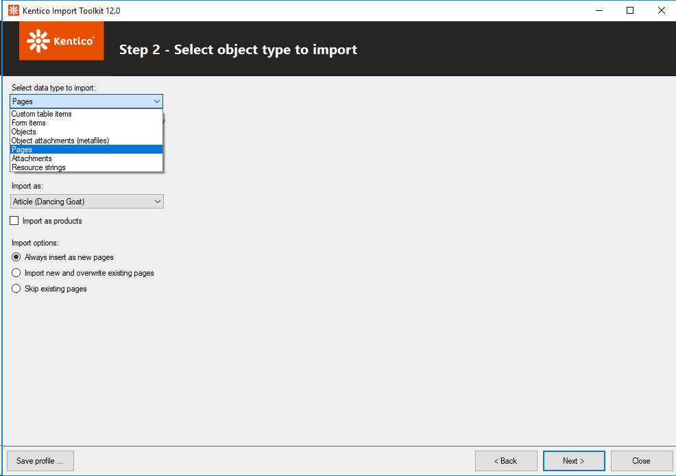 Select object type to import