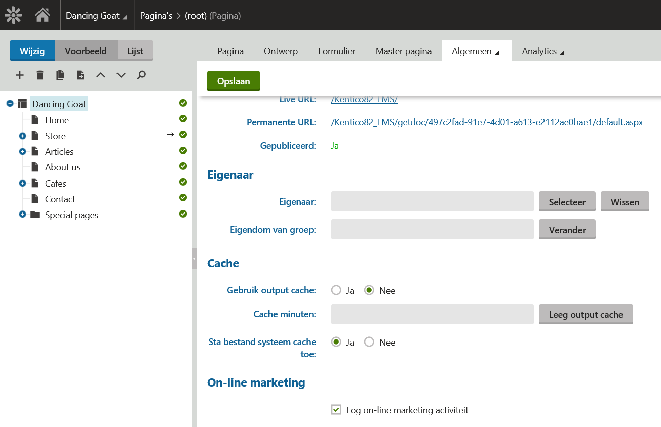 Online marketing instelling op pagina niveau