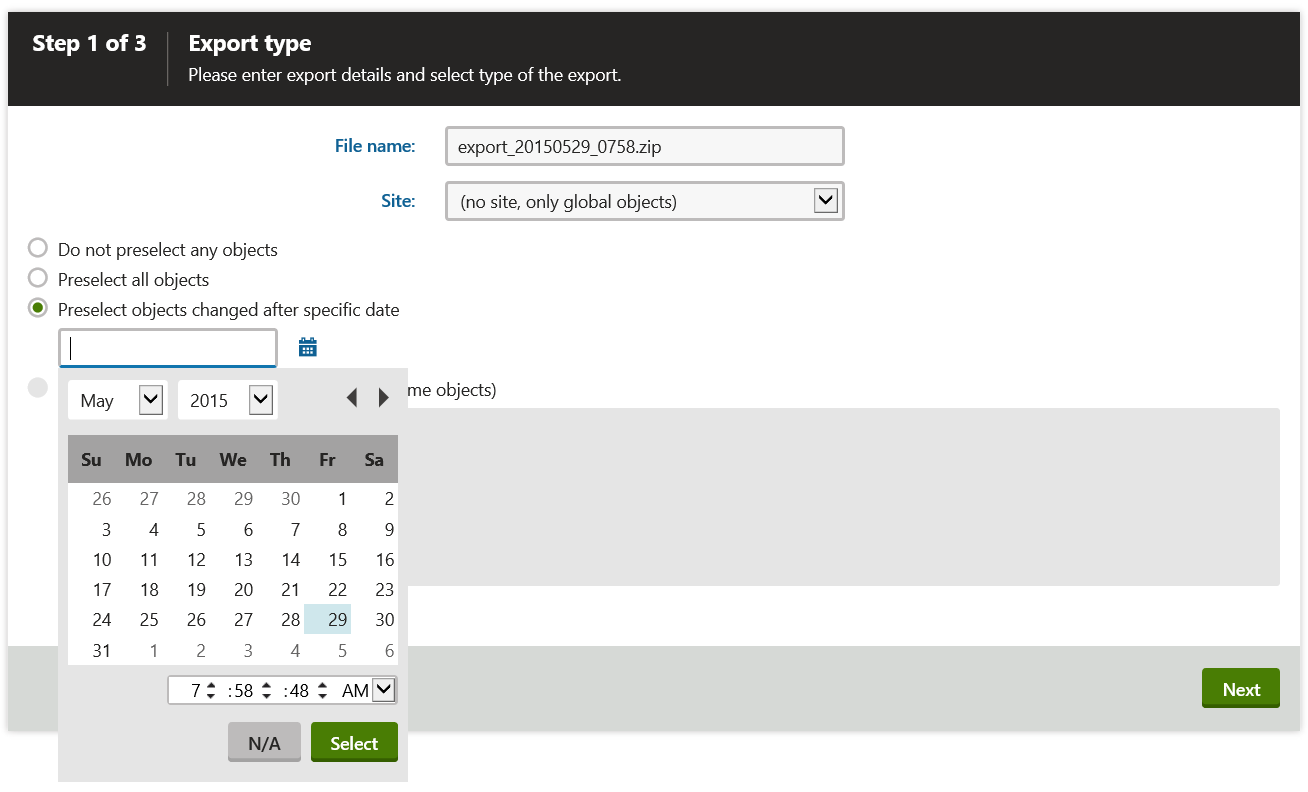 Export since a specific date