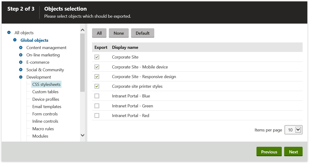 Export object selection