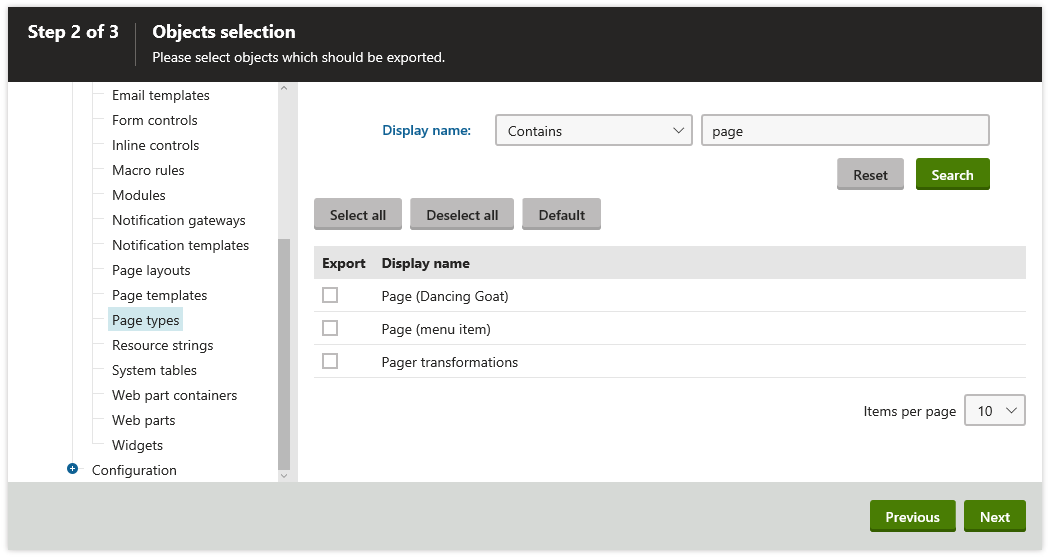 Search filter in export/import